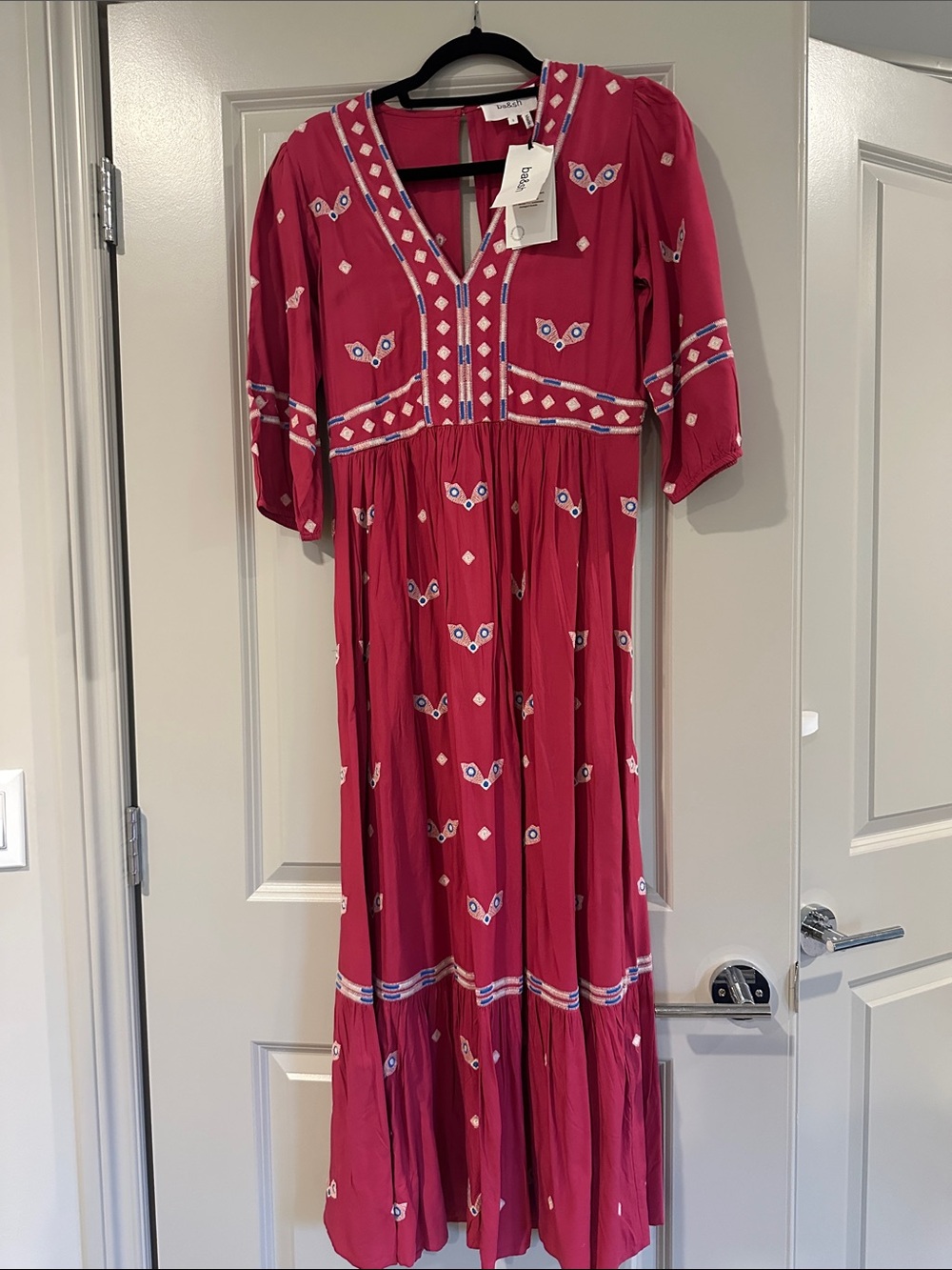 ba&sh Pink Embroidered V-Neck Maxi Dress size small